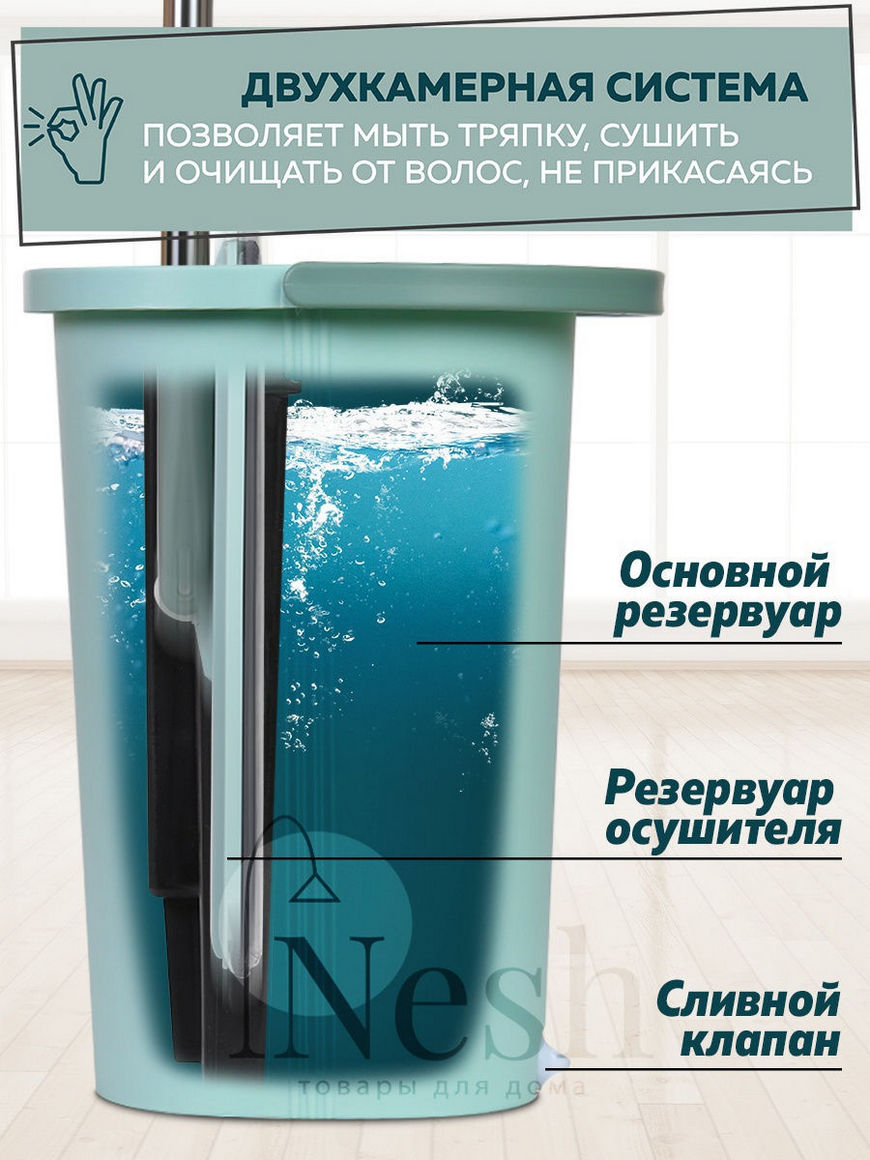 Швабра с отжимом и ведром / для уборки | ПОДАРОК: Держатель для швабры 2  насадки из микрофибры Nesh | Купить с доставкой в интернет-магазине kandi.ru